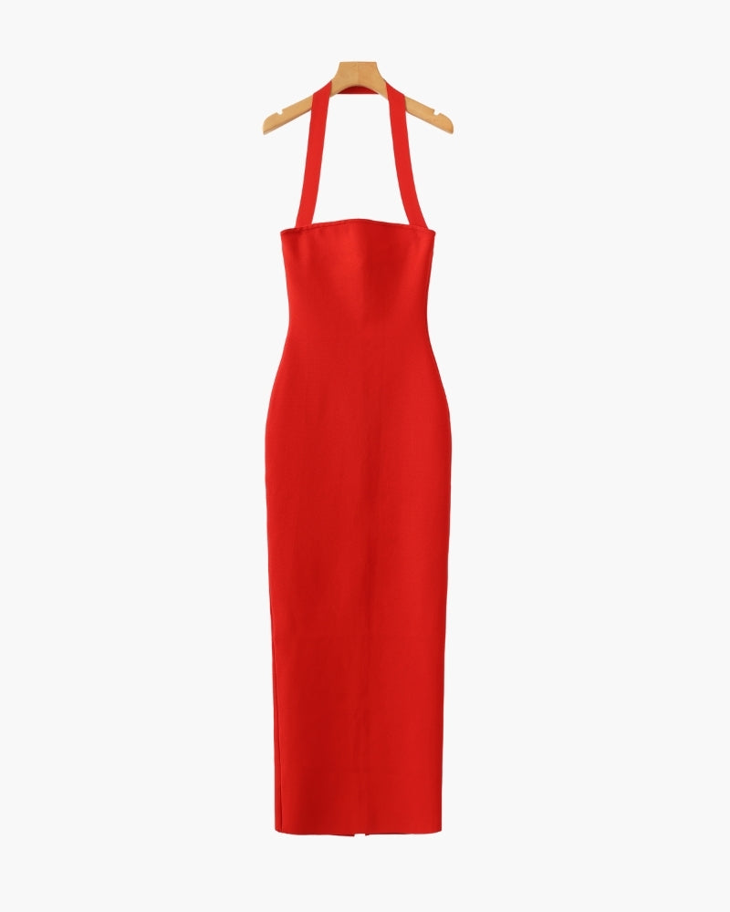 Halter Neck Slim Fit Maxi Dress, Red / XL