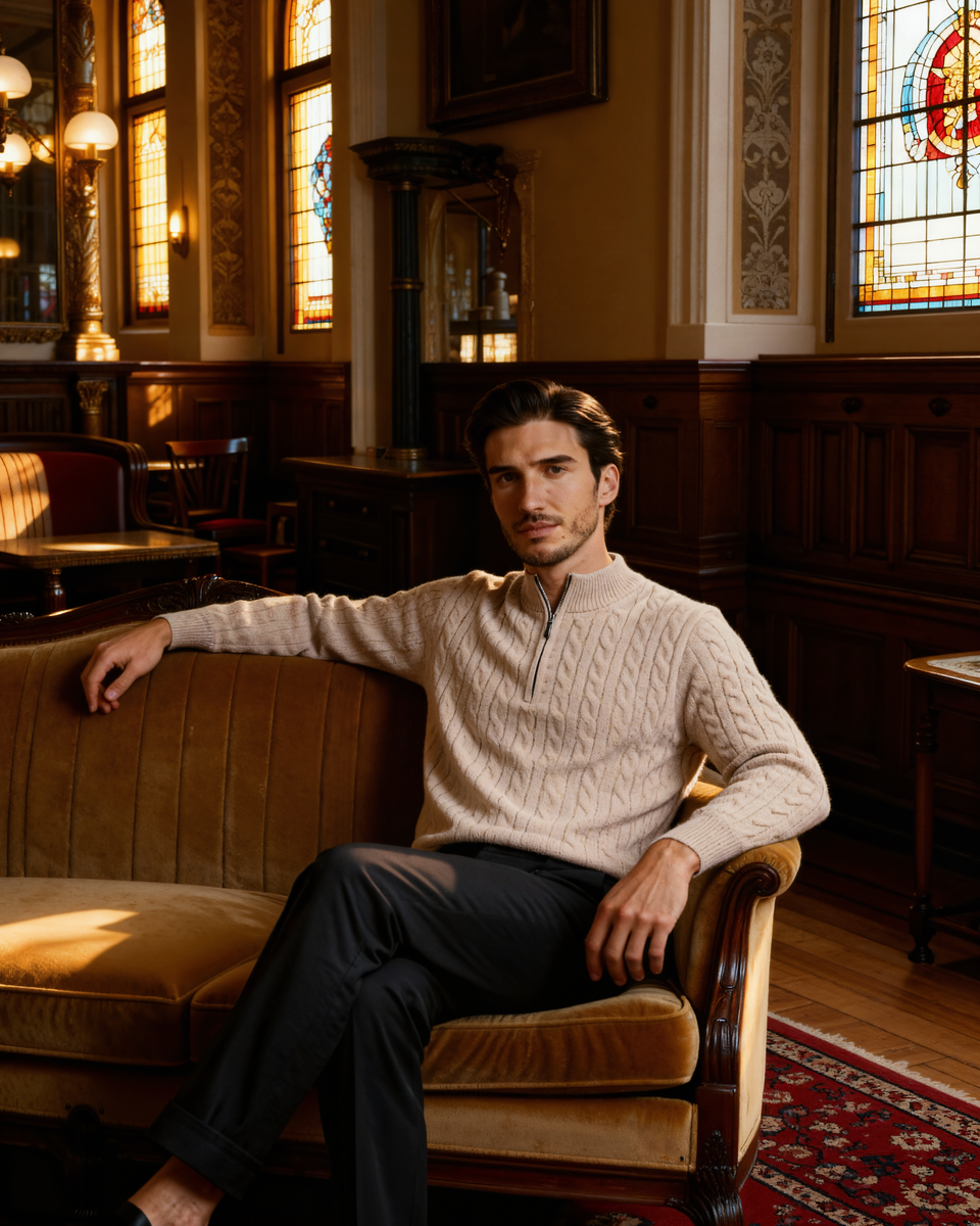 100% CASHMERE WOVEN HALF ZIP