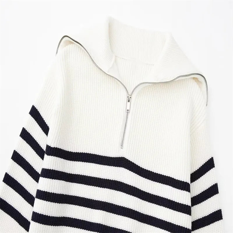 Striped Zip Up Sweater-White-Striped