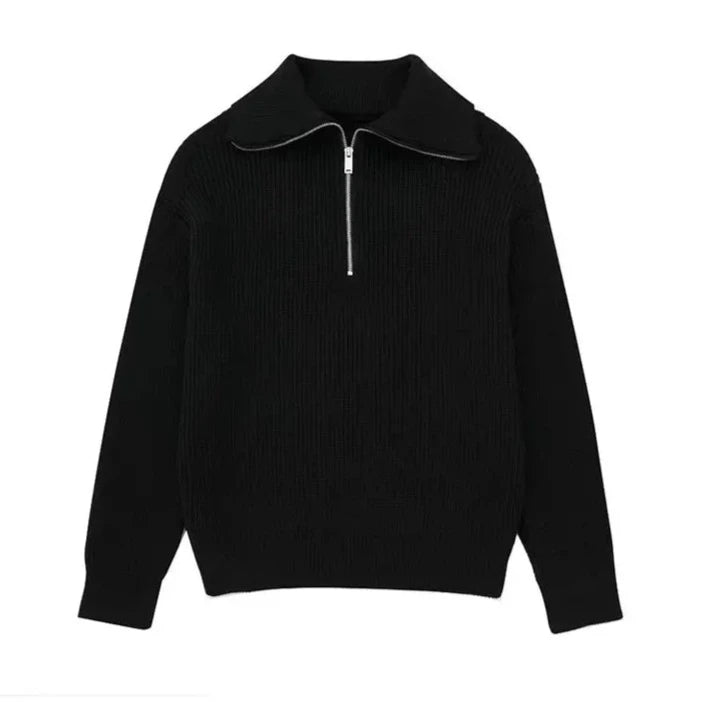 Striped Zip Up Sweater-Black