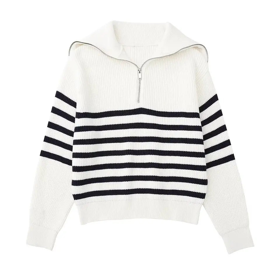 Striped Zip Up Sweater-White-Striped