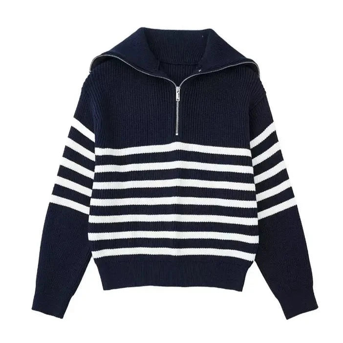 Striped Zip Up Sweater-Navy-Striped
